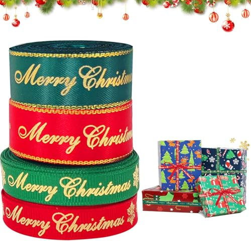 Schleifenband Weihnachten, 4 Rollen 5M Geschenkbänder Weihnachten, Weihnachtsbänder Rot Grün 16mm/9mm Breite Geschenkband Weihnachten für Geschenk Weihnachtsbaum Dekoration