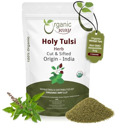 Organic Way Holy Tulsi/Holy Basil Herb Cut & Sifted (Ocimum Tenuiflorum) - Organic & Kosher Certified | Raw, Vegan, Non GMO & Gluten Free | USDA Certified | Origin - India (1/4 LBS / 4 Oz)