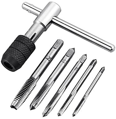 Bestgle 6 Piezas Llave de Trinquete Ajustable con Mango en T Herramientas para Roscar Métrica Ajustable Llave de Trinquete con 5 Piezas de Grifos de Flauta Recta M3/M4/M5/M6/M8