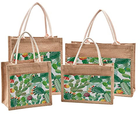 Mnsruu Oil Painting Cactus Plant Blossom Jute Tote Bags Women Grocery Shopping Bags with Handles for Outdoor Travel 12.6 x 16.9 x 7.1 inches
