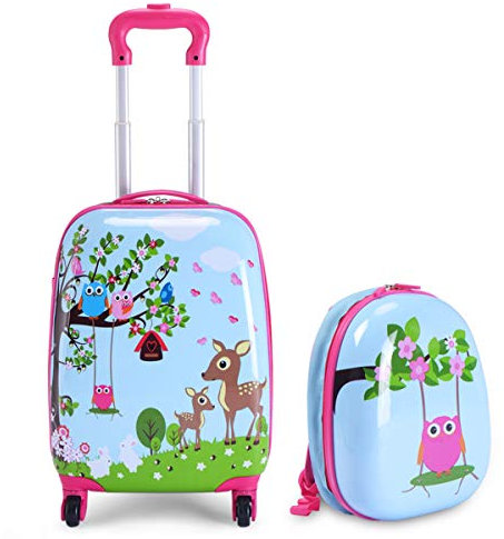 GOPLUS Kinderkoffer mit Rucksack, Kids Trolley, Kindergepäck mit Rollen, Reisekoffer mit Teleskopgriff, Hartschalenkoffer für Kinder, Kindertrolley Farbwahl (Sika-Hirsch, 12+16)