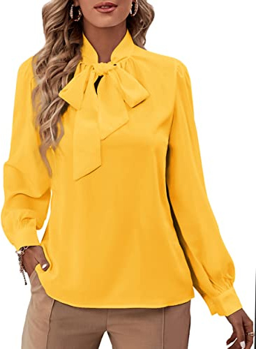 Rooscier Women's Bow Tie Neck Long Sleeve Buttton Cuff Chiffon Elegant Blouse Yellow Small
