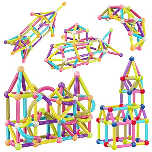 PicassoTiles 100 PCs Magnetic Building Stick Block Construction Set with Storage Bin Colorful STEM Toy Blocks Bar Balls & Rods Montessori Educational for All Ages Puzzle Toy for Boys & Girls PTX100