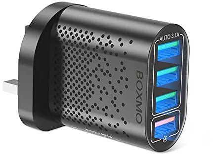 Multi USB UK Mains Boxmo Plug Wall Adaptor 4 Port 30W Fast Charging Compatible/Replacement For A Apple iPhone 15 14 13 12 11 10 Pro Max XS XR X iPad,Samsung 20 21 22 23 (Black)