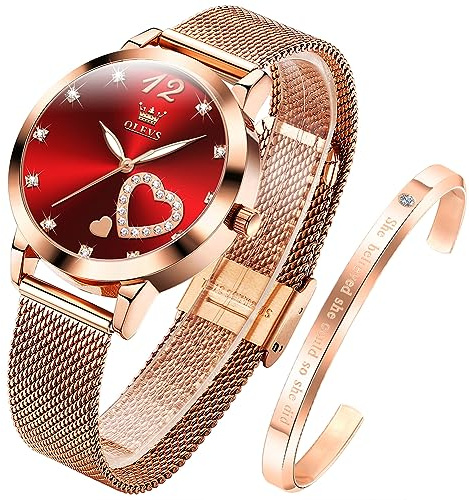 OLEVS Damenuhr Roségold mit Herz Diamant Rot Gesicht Quarz Armbanduhr Wasserdicht Gürtel Armreif Set