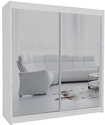 Mars Meble Armoire à Portes coulissantes Debra Penderie avec miroirs, tringles à vêtements, Garde-Robe, Couleur : Blanc, Largeur : 200 cm