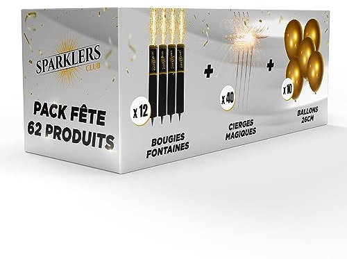 Pack Fête 62 Articles - 12 Fontaines Scintillantes, 40 Cierges Magiques, 10 Ballons couleur Or 26cm, idéal pour Décoration de Gateaux, Bougie étincelante Accessoire Catégorie F1 SPARKLERS CLUB®