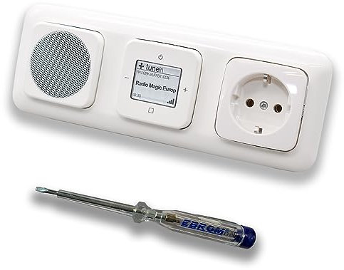 Busch Jäger iNet Internet Unterputz Radio 8216U Reflex SI alpinweiß, Set mit Lautsprecher, Abdeckungen, Steckdose mit Kinderschutz, Rahmen + EBROM Phasenprüfer zur Montage der Geräte 8216U