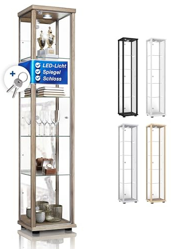 K-Möbel Vetrina in vetro in faggio (176x37x33cm) con 4 ripiani in vetro regolabili in altezza, specchio, serratura, LED - Vetrina per modellini di auto da esposizione (rovere Sonoma, 176x37x33cm)