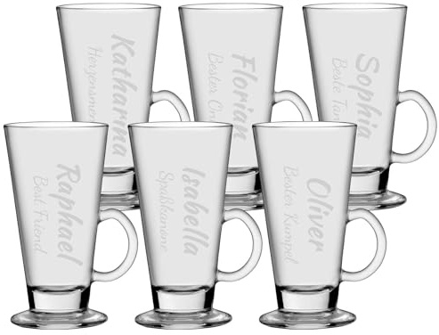 LUXENTU Glühweintasse mit Gravur, Name vertikal, 265 ml, 6 Stück | Personalisierte Latte Macchiato Tasse in V-Form mit Henkel, perfektes Wichtelgeschenk & fürs Büro, Spülmaschinenfest