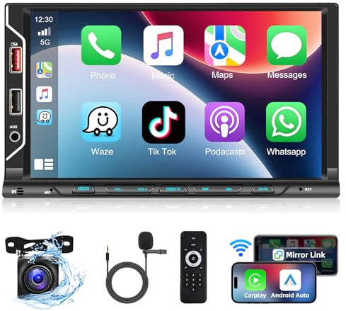 Podofo A-pple Carplay Autoradio 2 Din 7'' HD Touchscreen Android Autoradio mit Bluetooth 5.1/Bunte Hintergrundbeleuchtung/FM/EQ/AUX/USB+AHD Rückfahrkamera & Mikrofon