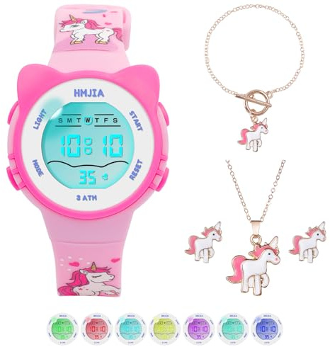 HMJIA Kinderuhr Mädchen mit Katzenmotiv Halsketten Set 3ATM Wasserdicht Armbanduhr mit Alarm Stoppuhr LED-Lich Kinderuhr Digital Geburtstag für 3-12 Jahre Mädchen (Einhorn)