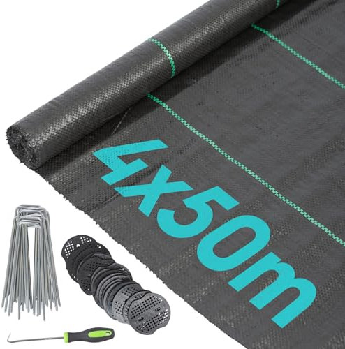 Harbour Housewares Schwarz 4m x 50m 110gsm Unkrautbekämpfungsmembran Set mit Heringen und Platten - Schwerlast Garten Stoff Gras Bodendecker Blatt Rollen