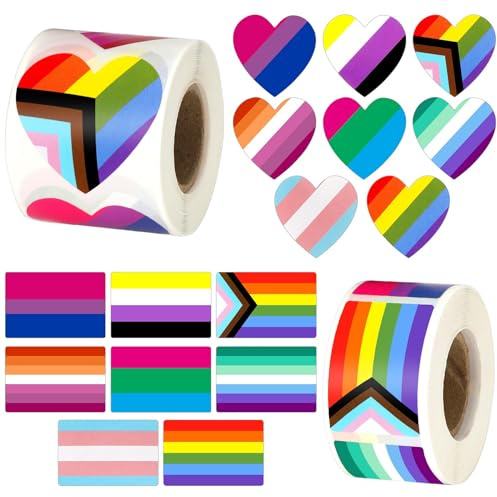 JULBEAR 600Pcs LGBTQ Pride Sticker, 2 Roll Rainbow Heart Flag Stickers 8 Styles Progress Pride Self Adhesive Decal Stickers for Pride Month Gay Lesbian Bisexual Parades Decorations Event Accessories
