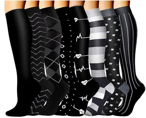 Tlynsnil Calcetines de Compresión para Mujeres y Hombres, 8 Pares Medias de Compresion 15-20 mmHg para Embarazo Viajes Vuelo Ciclismo Enfermera Correr Médicos Atletismo