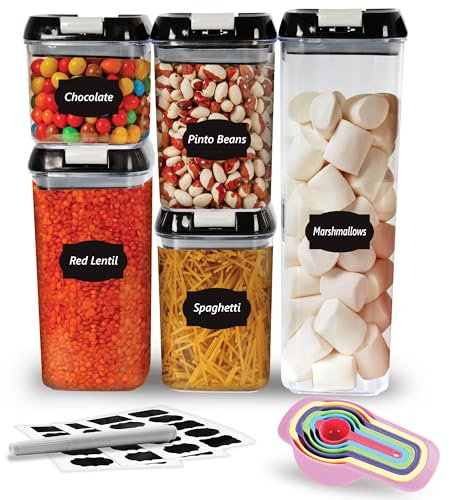 LUXTROUS Airtight Food Storage Containers Set Of 5 Pantry Organizers&Storage,Multisize Kitchen Storage Jars with 10 Labels&Measuring Spoons,Plastic Containers For Flour,Cereals,Sugar,Baking Supplies