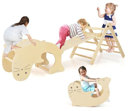 GOPLUS 6 in 1 Klettergerüst, Montessori Kletterdreieck mit klappbarer Leiter, Seelöwe Wippe, Kletterbogen und Rutsche, Indoor Sprossendreieck Spielplatz für Kinder von 3-14 Jahren (Natur)