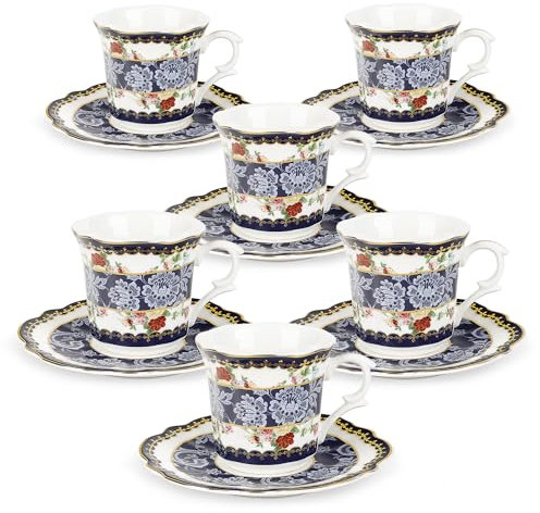fanquare Tazze da tè e piattini con fiori blu Set di 6 tazze da caffè espresso vintage in porcellana d'osso con finiture in oro Elegante set da tè pomeridiano Servizio da tè in porcellana Regali 80ml