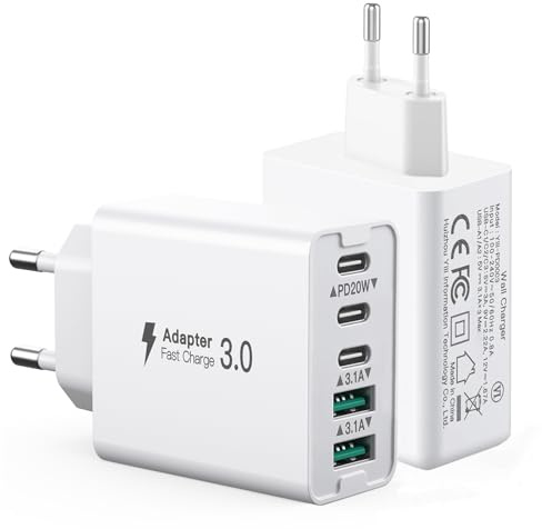 [2-Pack] 50W Multi USB C Laddningsstation - 3 USB C + 2 QC, PD Snabbladdare, Väggladdare Typ C - Kompatibel Med iPhone 12/13/14/15, Samsung S24/S23/S22, Xiaomi