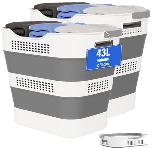 OOAMBB 43L+43L Collapsible Laundry Baskets plastic, Pop Up Laundry hamper/Storage Container, Foldable Laundry Basket with Handles, Durable,Space Saver (Grey, 2 Packs)