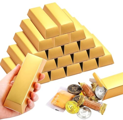WUSJCOF 24 Stücke Goldbarren Süßigkeiten Boxen, Gefälschte Goldbarren Geschenkbox, Piratenschatz, Gastgeschenk Süßigkeiten Schachtel für Hochzeit, Kindergeburtstag, Party