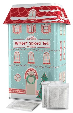 Charbrew Illustrated Christmas Painted House Winter Spiced Metal Tea Tin Caddy Gift – 80 Teabags Black Tea Winter Spice Blend