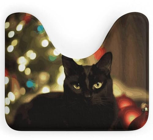 Weihnachtliche schwarze Katzen-WC-Vorleger, U-förmige Badematte, weicher Korallensamt, Badezimmerteppich, rutschfeste Bodenmatte, wasserabsorbierend, WC-Vorleger, niedliche Badewannenteppiche,