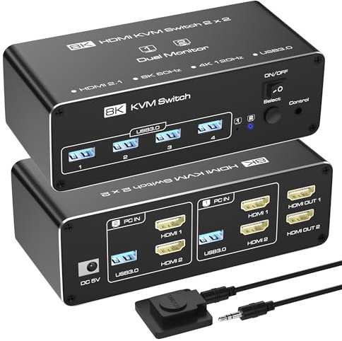 HDMI KVM Switch 8K@60Hz, 2 Monitors 2 Computers, USB 3.0 Hub for 4 Devices, Dual HDMI KVM Switch with Wired Controller, Supports Extend/Copy Mode - Compatible with Windows, Mac, Linux