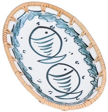 Hominas Assiette en Céramique Corbeille à Fruits, Organisateur de Table en Rotin Plateau Ovale Vaisselle Décorative pour Snack Pain Boisson et Petit (Petite assiette en