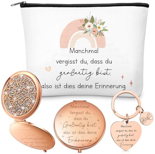Namalu Geschenke für Kolleginnen Manchmal Vergisst du Das du Großartig Bist 1 Kosmetiktasche 1 Reisespiegel mit Vergrößerung 1 Schlüsselanhänger Abschiedsgeschenke Mitarbeiter Roségold(Erinnerung)