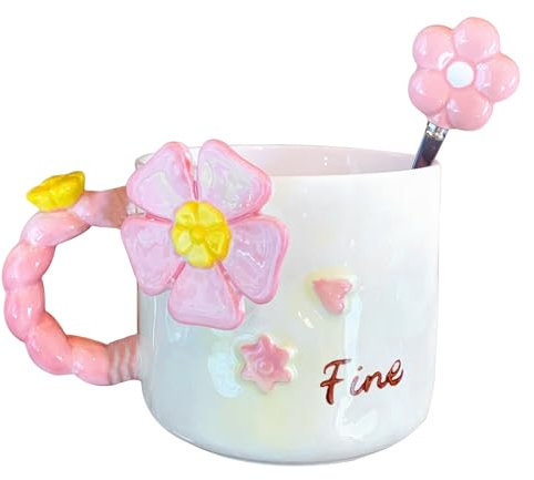 Tazza da caffè floreale | 500 ml in ceramica rosa 3D tazza da tè con cucchiaio | cucina, strumento da pranzo, bicchieri estetici da collezione, uso quotidiano