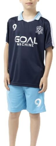 ALPHADVENTURE - Fotboll sportset, 2-delad träningsoverall, kortärmad t-shirt, set med speciell krage och korta byxor med fickor för sport, storlek 6 till 14 år, Blå, 14