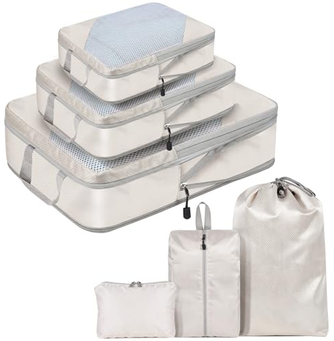 MOLICRAIN Compression Packing Cubes for Suitcase, 6 PCS Ultralight Travel Organiser Packing Bags, Extensible Luggage Organiser, Suitcase Organizer, Packing Cubes for Cabin Luggage(Beige)