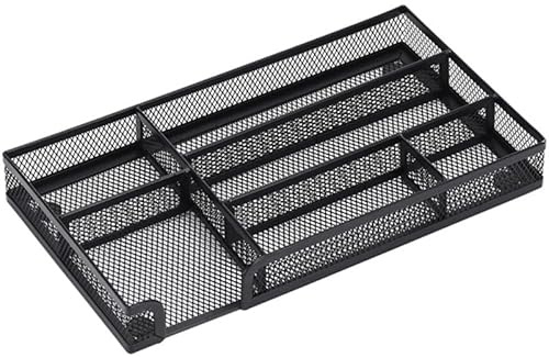 jojofuny Mesh Drawer Organizer Tray with 6 Compartments Metal Office Desk Organizer for Stationery and Small Items Anti-Slip Bottom 15.5 x 28cm