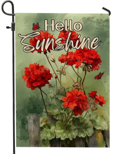 Bandera de jardín de geranio rojo Hello Sunshine, pancarta colorida de mariposa floral para decoración del hogar, arpillera de doble cara, decoración de patio al aire libre para primavera y verano, 12
