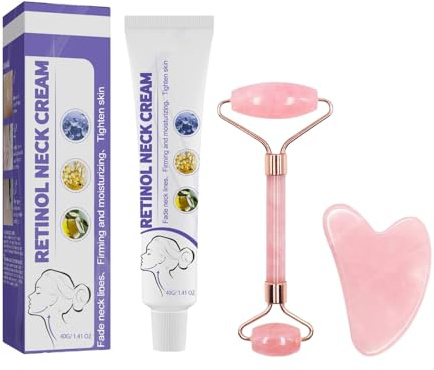 Crema Cuello y Escote Reafirmante, con Retinol, Body Lotion, Endurecimiento e Hidratación de la Piel, Hidratante, Reduce Arrugas, Líneas Finas y Papada, para Hombres y Mujeres, Incluye Masajeador