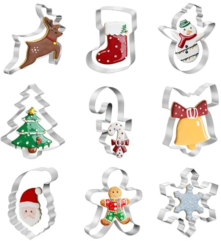 Christmas Cookie Cutters Set- 9 Piece Stainless Steel Winter Holiday Metal Shapes-Christmas tree, Snowman, Candy Cane, Bells, Snowflakes, Gingerbread Man, Reindeer, Socks,Santa Face Shapes