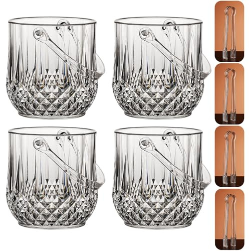Lot de 4 seaux à glace en acrylique transparent avec poignée et pince 1,2 L/1,3 L – Parfait pour les bars à cocktails, les fêtes et les divertissements en plein air – 4 accessoires pour seau à glace.