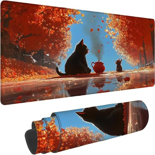 Tapis de Souris 1400 x 700 x 3mm, Grand sous Main Bureau Bleu avec Base en Caoutchouc Antidérapant Surface Étanche Bords Cousus Tapis de Souris Gamer pour PC, Laser Optique Bureau Gamer Chat xn-493