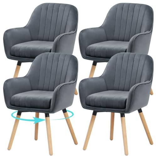 ELUCHANG Esszimmerstühle 4er Set, 360° Drehbar, 12cm Dicke Polsterung Stuhl mit Hohen Armlehnen, Grau Samt, bis 150 kg Belastbar, für Schlafzimmer Küche Wohnzimmer