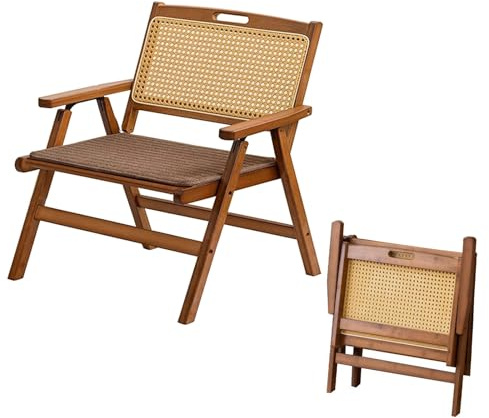 Mgchowue Holz Rattan Klappstühle, mit Polster, Tragbar Platzsparend Freizeitstuhl für Balkon und Wohnzimmer, mit Elastischem Netzsitz und Rückenlehne