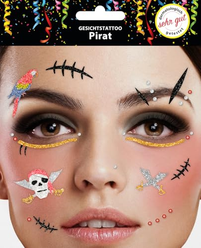 Trendandstylez Glitzer Gesichtstattoo Set – 30 Designs | Face Tattoo | Dermatologisch getestet | Karneval, Festival, Halloween, Fasching & Party Make Up Aufkleber (Pirat)