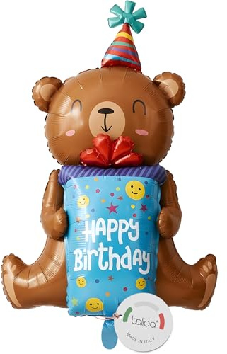 balloa Folienballon 3D Bär Happy Birthday, XXL Geburtstagsdeko, 57 cm | Bär mit Geschenkbox und Partyhut, XXL 3D-Tierform, heliumgeeignet, ungefüllt, liebevolle Geburtstagsdeko für Kinder
