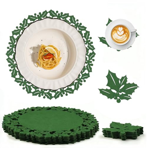 12pcs Platzset Weihnachten Set, 6 FilzPlatzmatten + 6 Untersetzer aus Filz | Tischset aus Filz, Blattförmige Untersetzer, für Weihnachten Hochzeit Küche Party