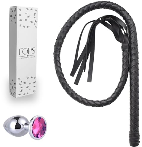 FOPS Set BDSM pour Couples : Fouet Cuir 110 cm Noir + Plug Anal Acier Diamant Rose 7,2 cm ⌀2,7 cm – Flogger & Butt Plug Débutants B21-9 + A20-1