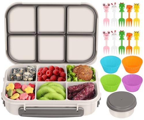 Amathley Lunch Box Kids Girls Boys,Bento Box Adult,Toddler Lunch Containers for School,Leakproof Snack Containers with 6 Compartments,Sauce Container,10 Food Picks and 4 Muffin Cups (White)