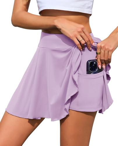 Lovasy plissé veckad kjol dam kort tenniskjol dam golfkjol med innerbyxor shorts streetwear kjolar sport träning löpning kjol med fickor, Ljusviolett, S