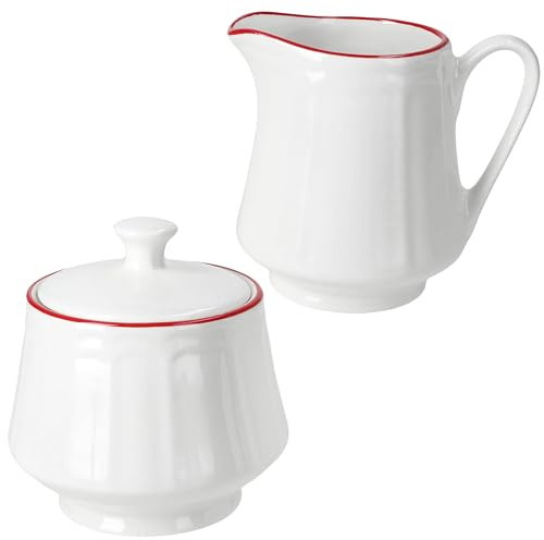 MamboCat Hedda 2tlg Set Milchkännchen & Zuckerdose mit Deckel I 250 ml & 350 ml I Porzellan weiß mit rotem Rand I Sahne-Kanne, Gießer für Kondensmilch I Set für Kaffee & Frühstück