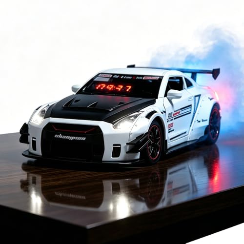 Sveglia a forma di auto LED ricaricabile, orologio da tavolo modello superauto con telecomando, suono motore simulato ed effetti luminosi con vaporizzazione scarico, per decorazione camera (White)