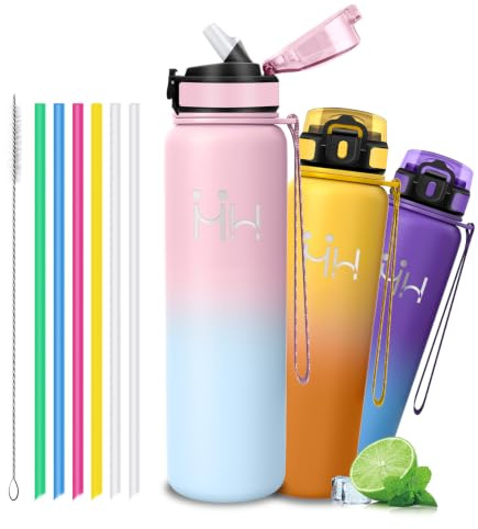 Botella Termica 1 litro - Botella Agua - Cantimplora Acero Inoxidable | Botella Termica con 6 Pajita, A Prueba de Fugas, Cantimplora Gym, Mantiene 24H Frio/12H Calor, para Deportes, Gym, Camping